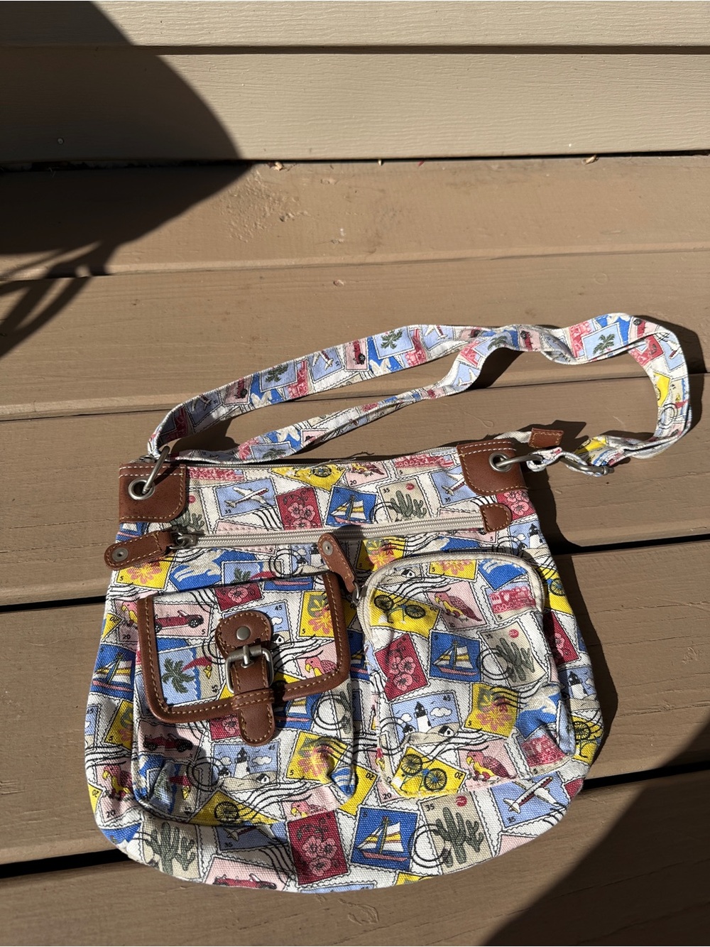 Vintage Travel Postage Stamp Canvas Crossbody Bag Multi-Pocket Travel Purse
